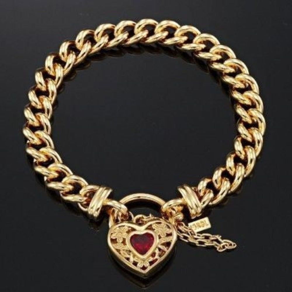 18ct Heavy Yellow Gold Plated Euro Chain Bracelet with a Filigree Locket Featuring a Simulated Ruby - USA Made-3